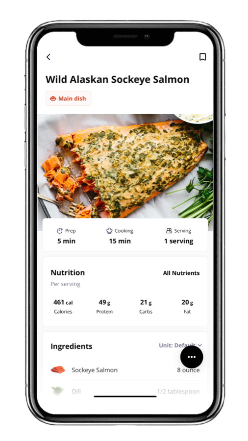 The app showing a salmon recipe