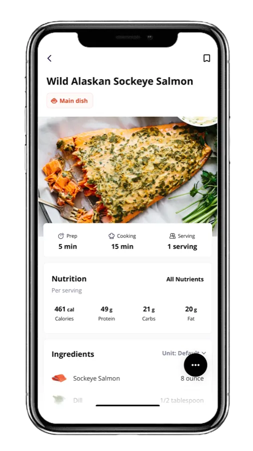 The app showing a salmon recipe