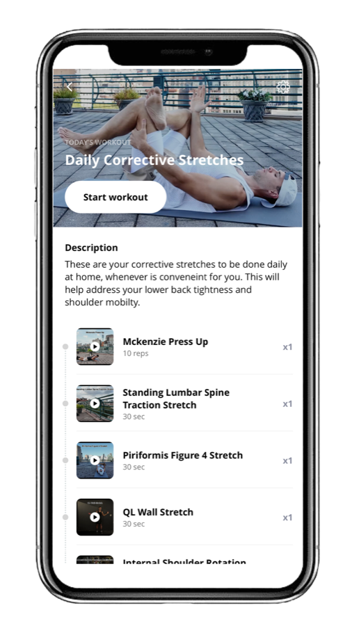 The training app showing a daily corrective stretch workout