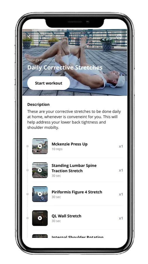 The training app showing a daily corrective stretch workout